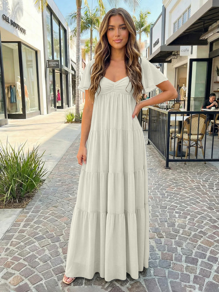 Chiffon A-Line V Neck Long Bridesmaid Dresses with Tiered Ruffles