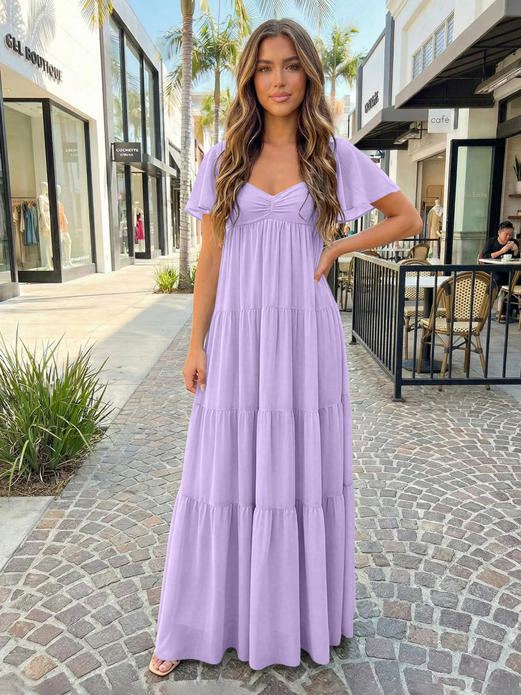Chiffon A-Line V Neck Long Bridesmaid Dresses with Tiered Ruffles