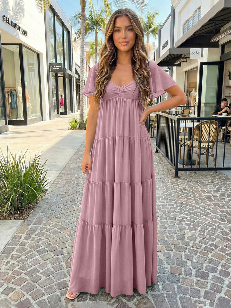 Chiffon A-Line V Neck Long Bridesmaid Dresses with Tiered Ruffles