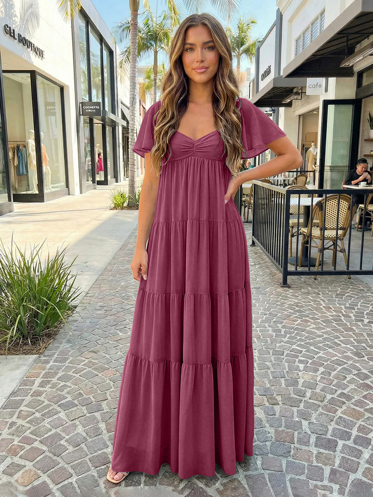 Chiffon A-Line V Neck Long Bridesmaid Dresses with Tiered Ruffles