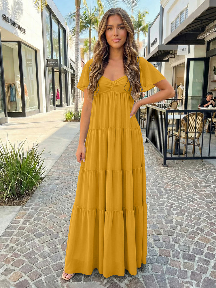 Chiffon A-Line V Neck Long Bridesmaid Dresses with Tiered Ruffles