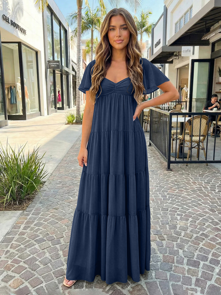 Chiffon A-Line V Neck Long Bridesmaid Dresses with Tiered Ruffles