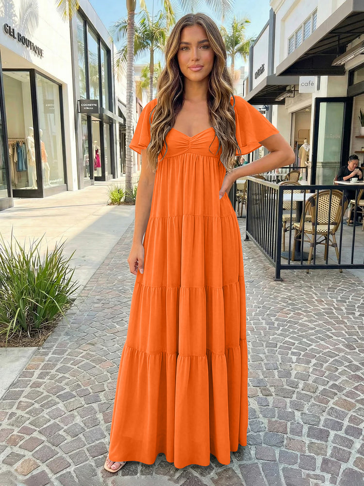 Chiffon A-Line V Neck Long Bridesmaid Dresses with Tiered Ruffles
