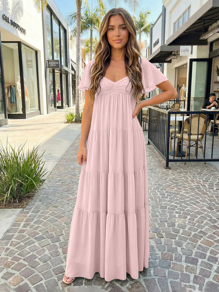 Chiffon A-Line V Neck Long Bridesmaid Dresses with Tiered Ruffles