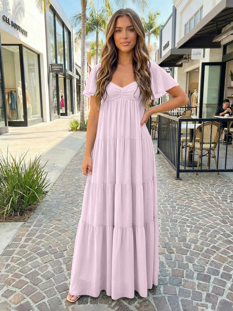 Chiffon A-Line V Neck Long Bridesmaid Dresses with Tiered Ruffles