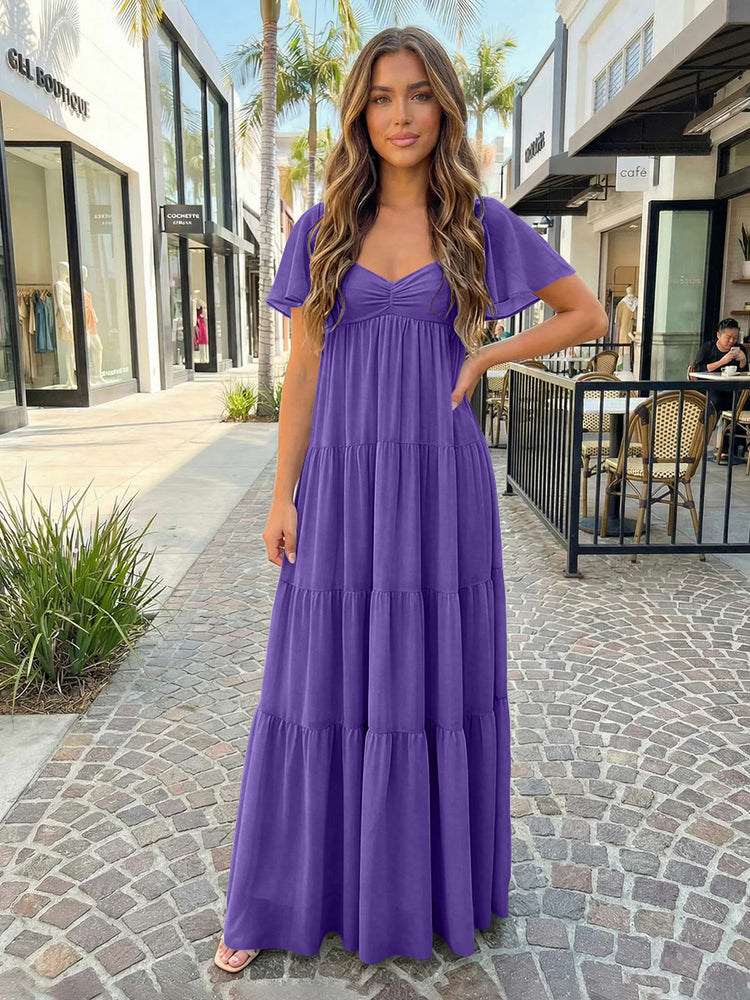 Chiffon A-Line V Neck Long Bridesmaid Dresses with Tiered Ruffles