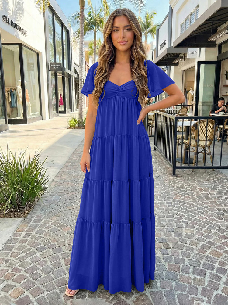 Chiffon A-Line V Neck Long Bridesmaid Dresses with Tiered Ruffles