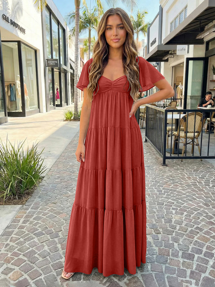 Chiffon A-Line V Neck Long Bridesmaid Dresses with Tiered Ruffles