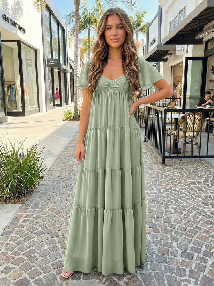 Chiffon A-Line V Neck Long Bridesmaid Dresses with Tiered Ruffles