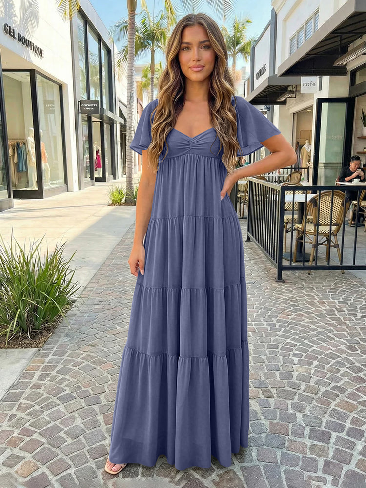 Chiffon A-Line V Neck Long Bridesmaid Dresses with Tiered Ruffles
