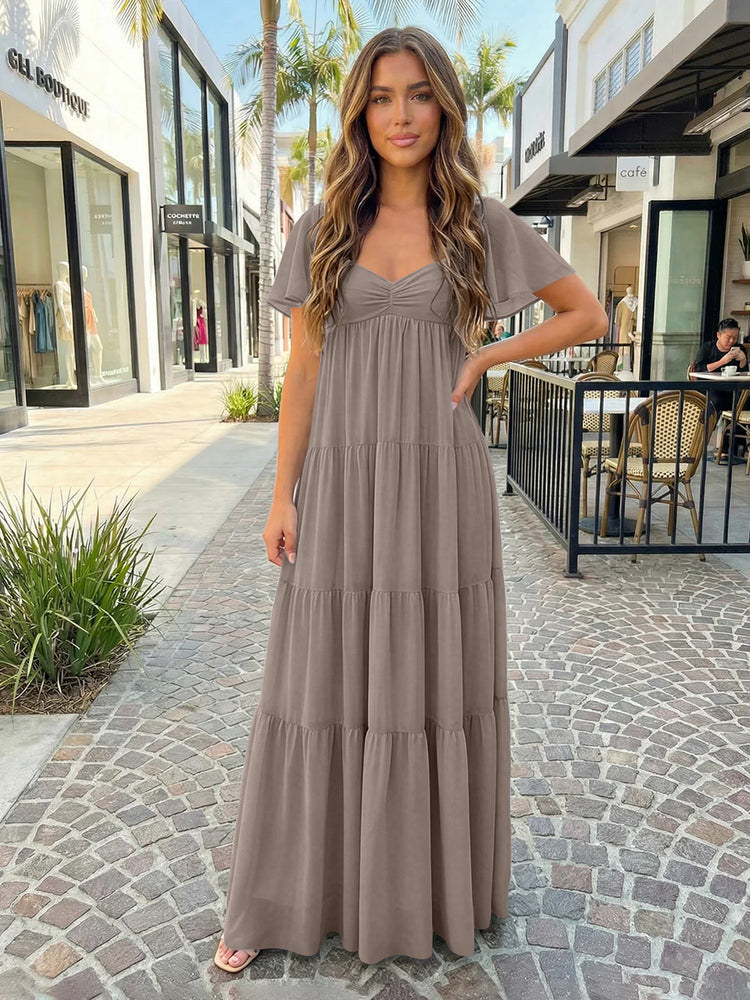 Chiffon A-Line V Neck Long Bridesmaid Dresses with Tiered Ruffles