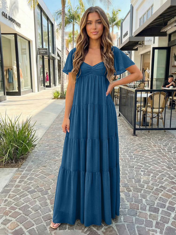 Chiffon A-Line V Neck Long Bridesmaid Dresses with Tiered Ruffles