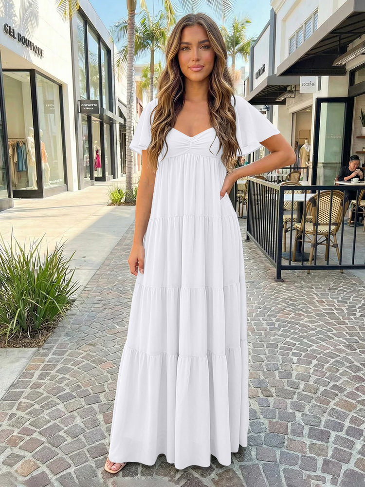 Chiffon A-Line V Neck Long Bridesmaid Dresses with Tiered Ruffles