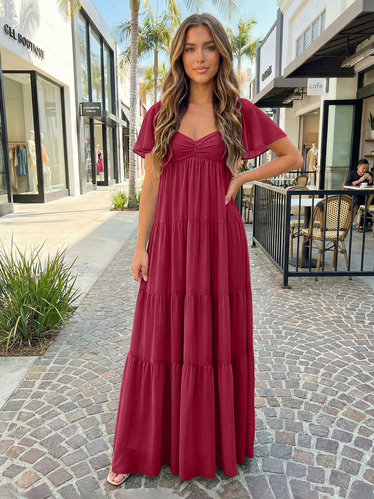 Chiffon A-Line V Neck Long Bridesmaid Dresses with Tiered Ruffles