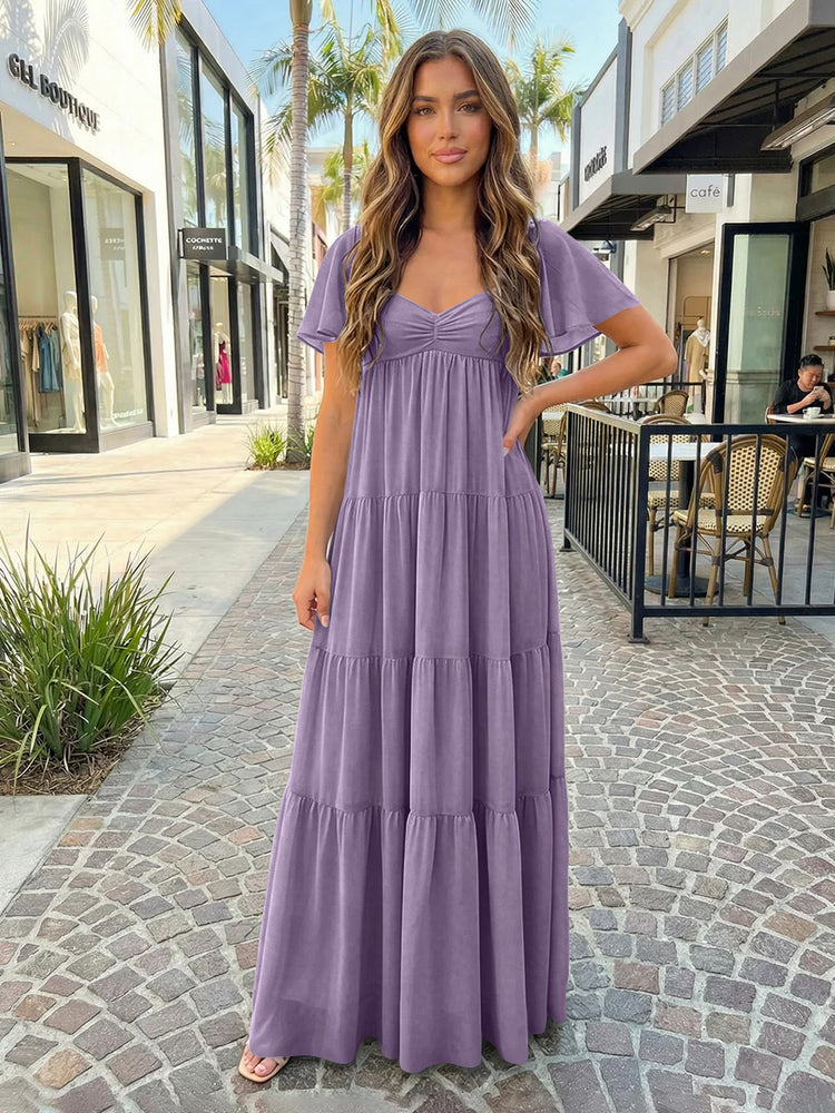 Chiffon A-Line V Neck Long Bridesmaid Dresses with Tiered Ruffles