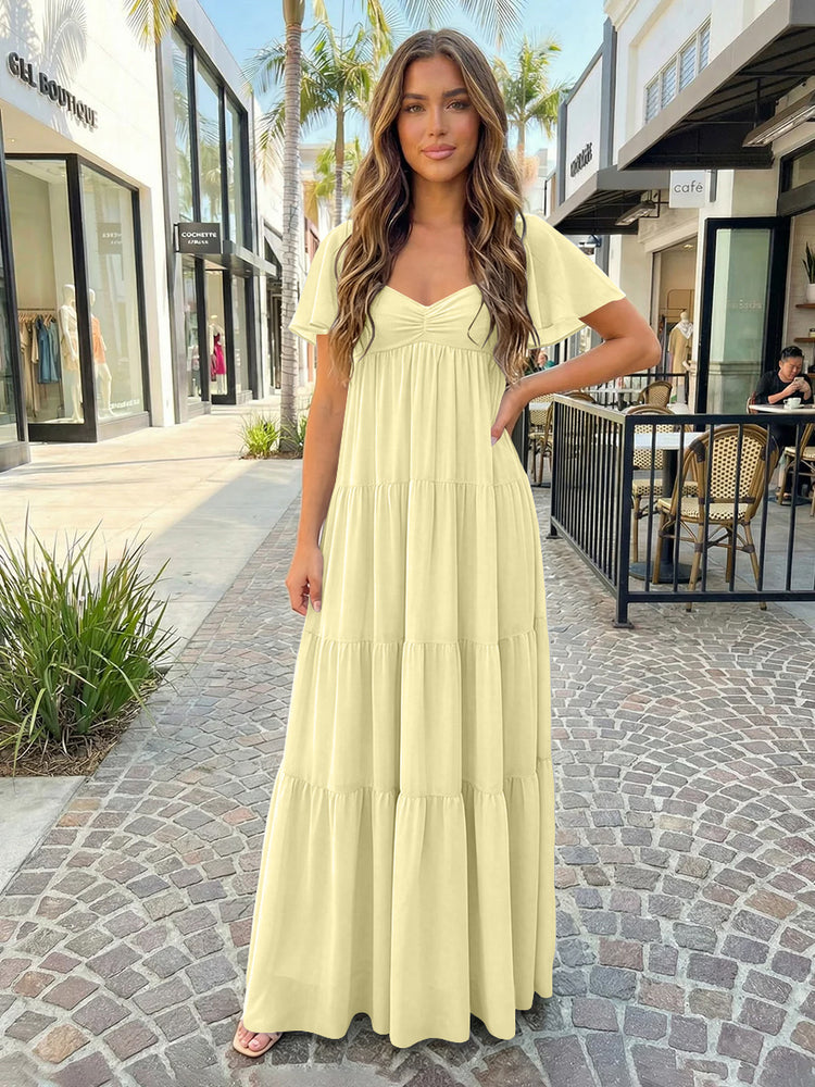Chiffon A-Line V Neck Long Bridesmaid Dresses with Tiered Ruffles