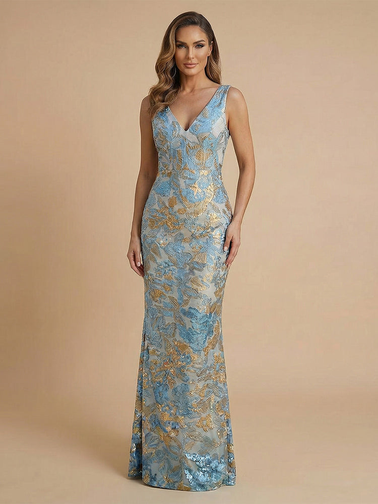 Satin Jacquard Sheath V Neck Long Wedding Guest Dresses with Floral