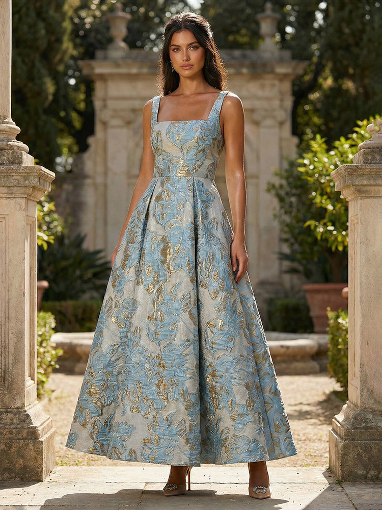 Satin Jacquard A-Line Square Neck Long Wedding Guest Dresses with Pleats