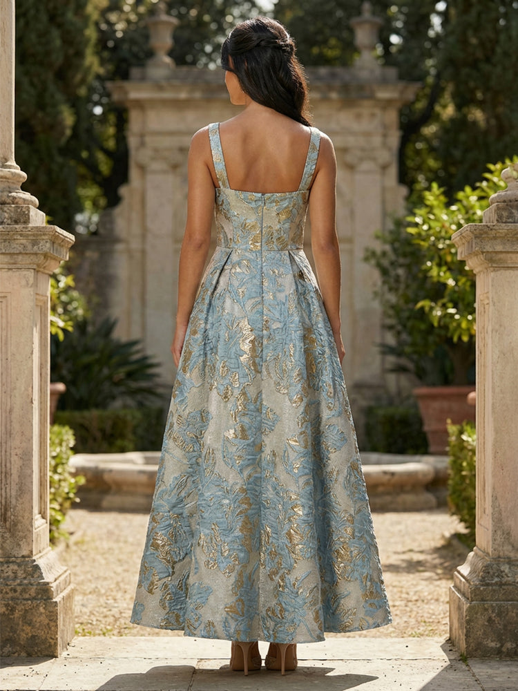 Satin Jacquard A-Line Square Neck Long Wedding Guest Dresses with Pleats