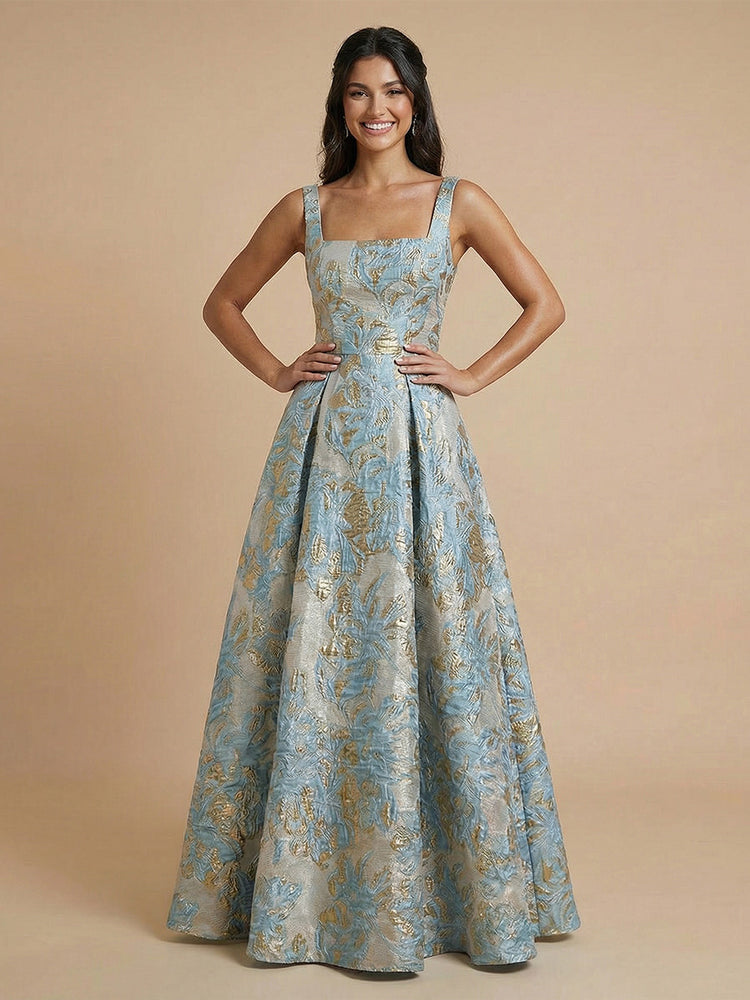 Satin Jacquard A-Line Square Neck Long Wedding Guest Dresses with Pleats