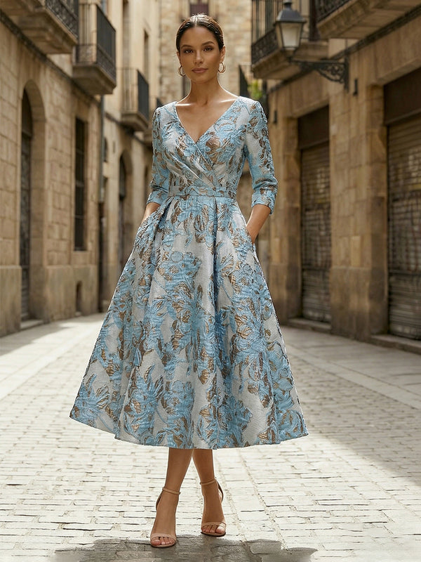 Satin Jacquard A-Line V Neck Midi Mother of the Bride Dresses with Pleats