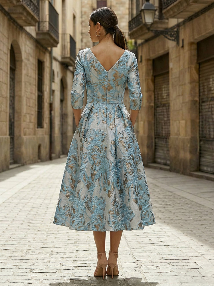 Satin Jacquard A-Line V Neck Midi Mother of the Bride Dresses with Pleats