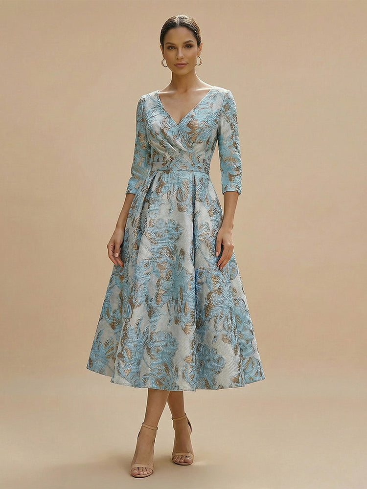 Satin Jacquard A-Line V Neck Midi Mother of the Bride Dresses with Pleats