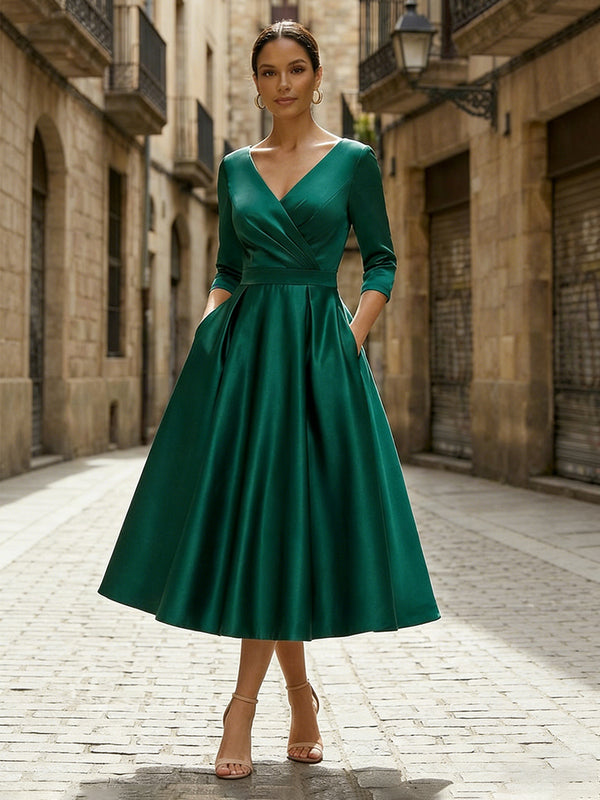 Satin A-Line V Neck Midi Mother of the Bride Dresses with Pleats