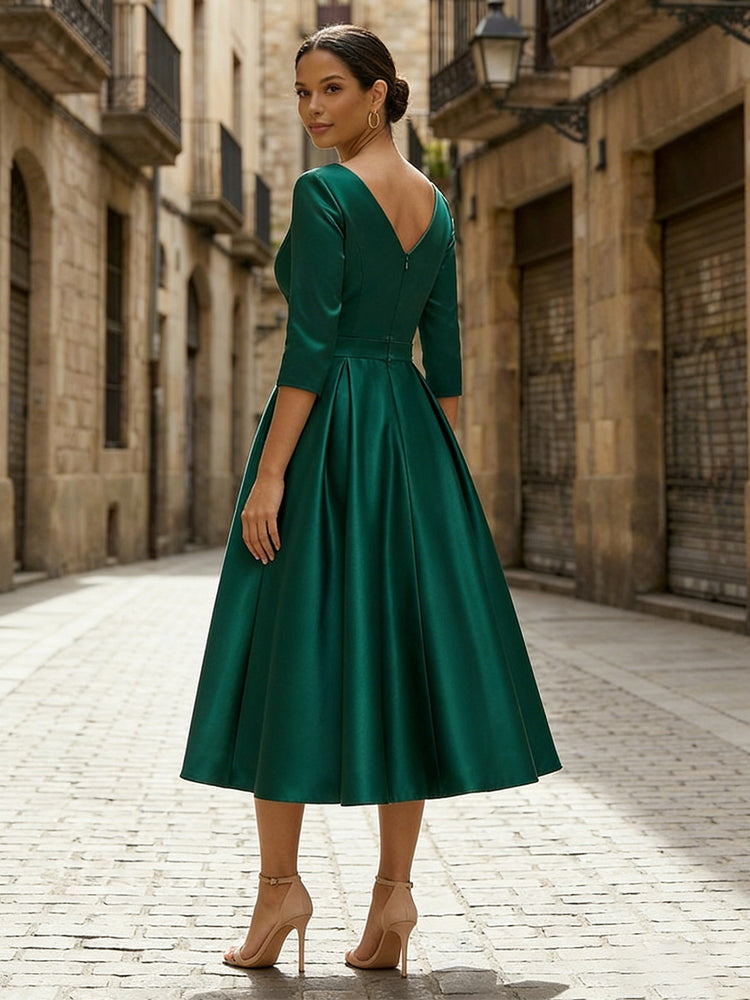 Satin A-Line V Neck Midi Mother of the Bride Dresses with Pleats