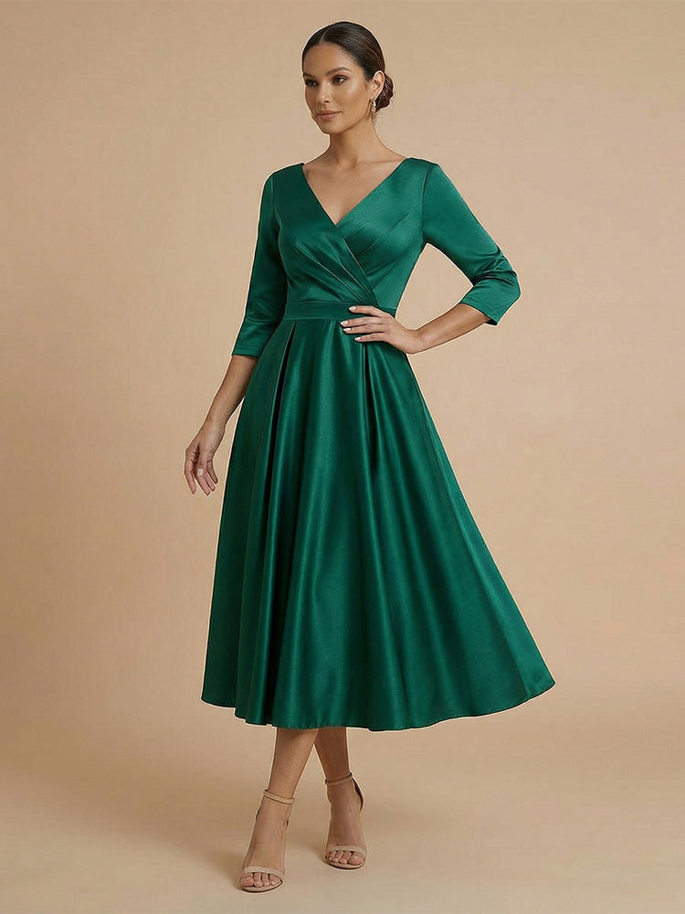 Satin A-Line V Neck Midi Mother of the Bride Dresses with Pleats