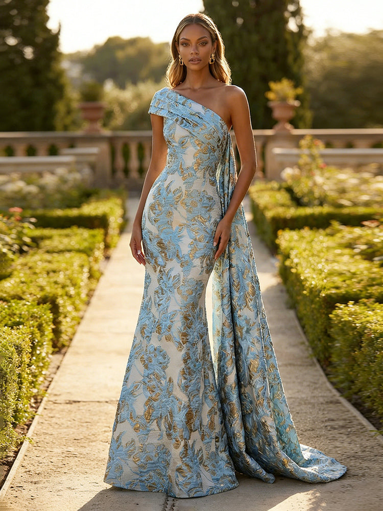 Satin Jacquard Mermaid One Shoulder Long Wedding Guest Dresses with Floral