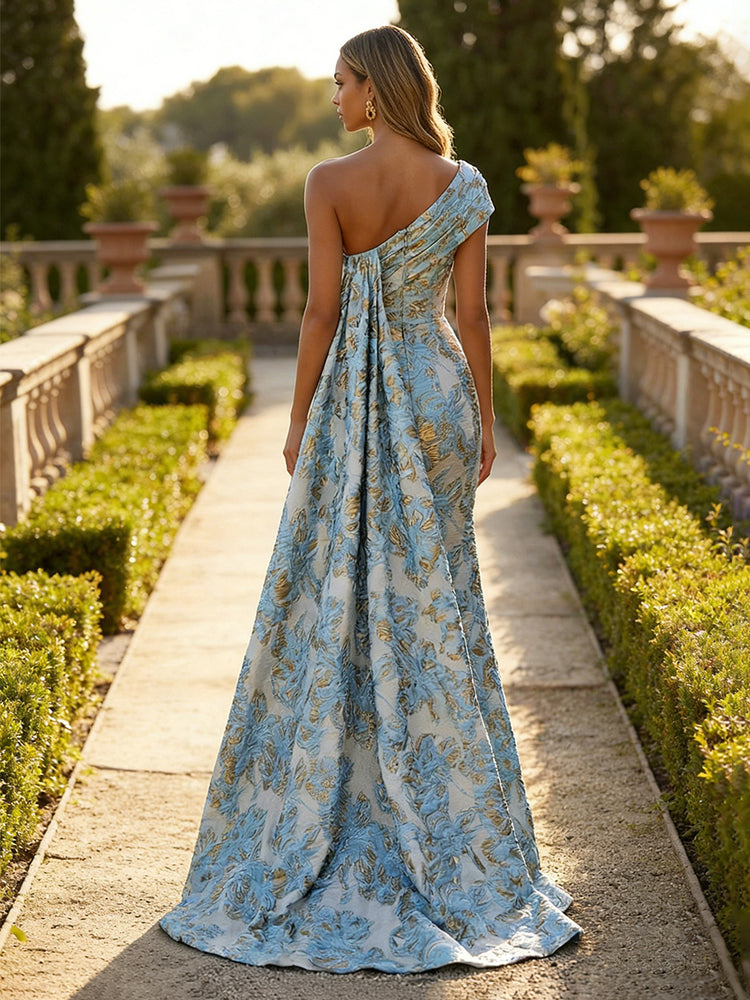 Satin Jacquard Mermaid One Shoulder Long Wedding Guest Dresses with Floral