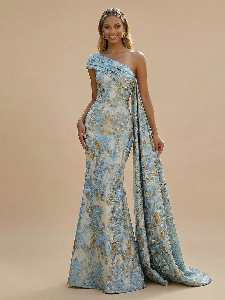 Satin Jacquard Mermaid One Shoulder Long Wedding Guest Dresses with Floral