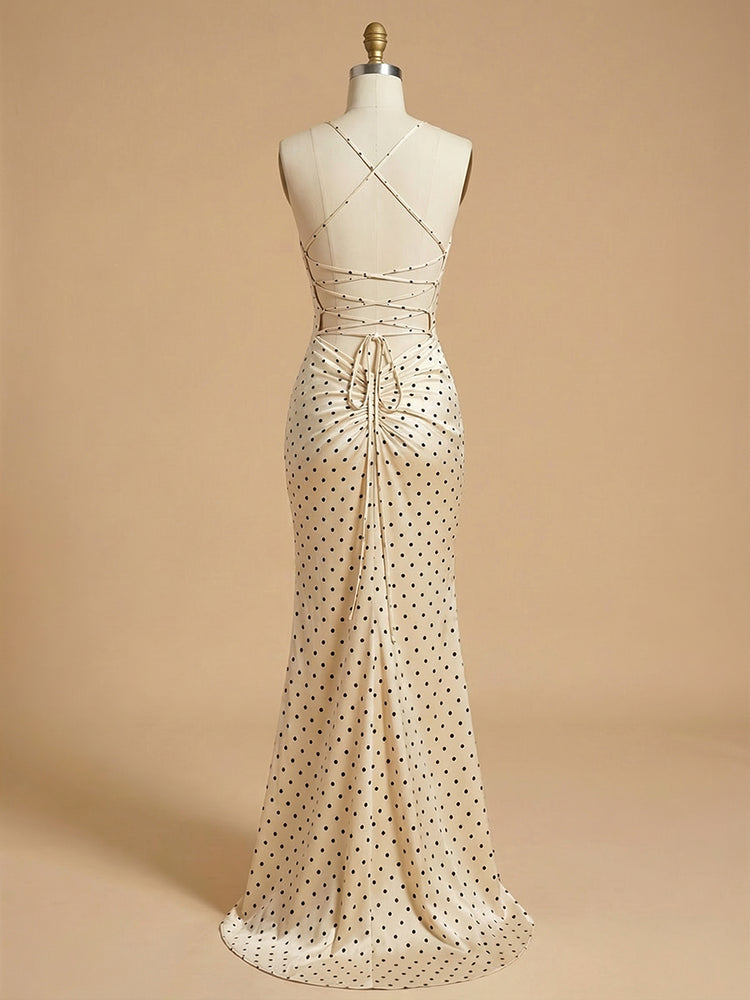 Satin Mermaid Spaghetti Straps Long Wedding Guest Dresses with Dots