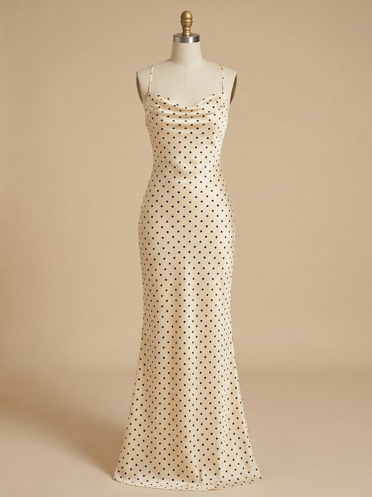 Satin Mermaid Spaghetti Straps Long Wedding Guest Dresses with Dots