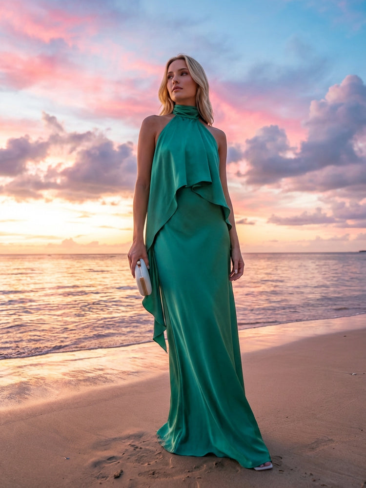 Satin A-Line Halter Long Wedding Guest Dresses with Ruffles