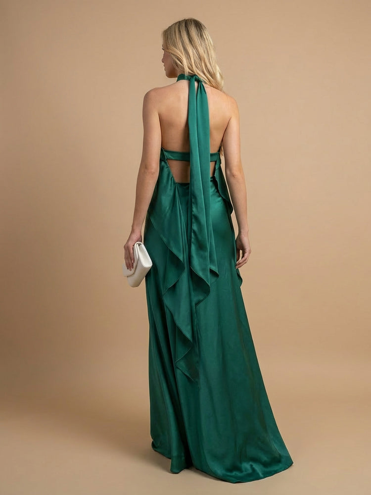 Satin A-Line Halter Long Wedding Guest Dresses with Ruffles
