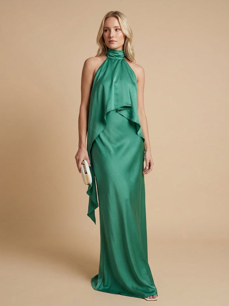 Satin A-Line Halter Long Wedding Guest Dresses with Ruffles