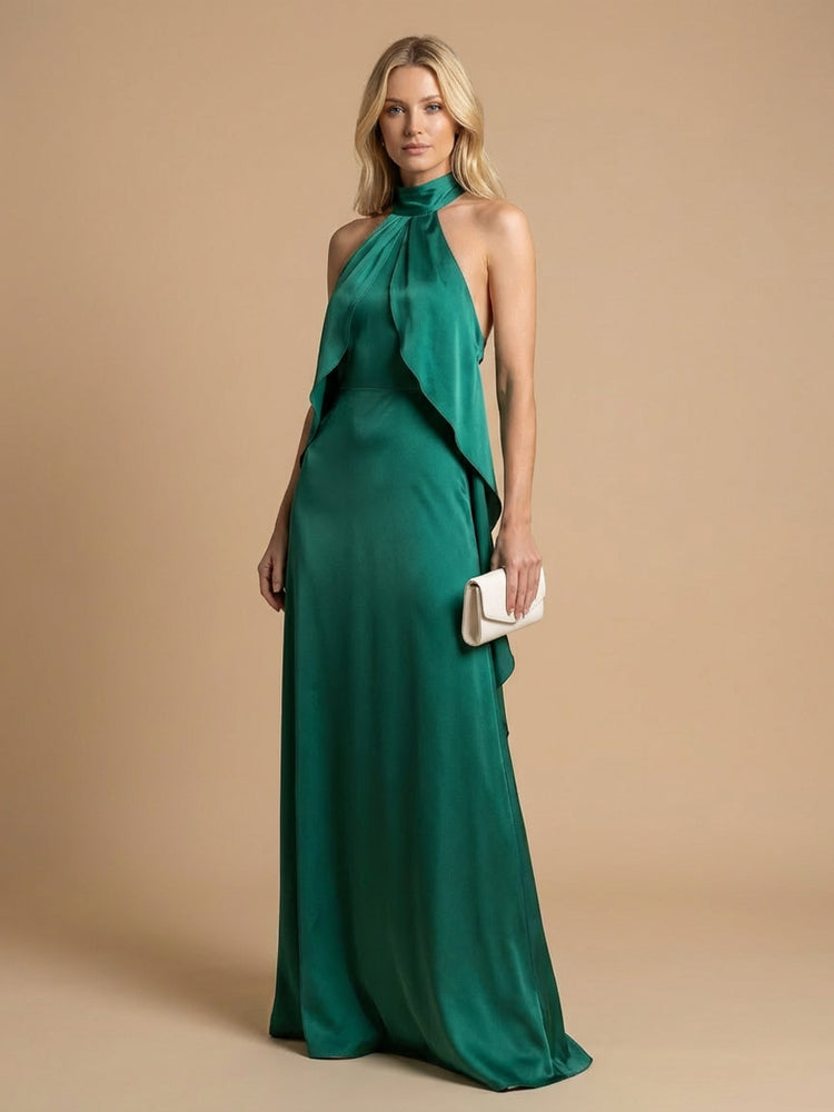 Satin A-Line Halter Long Wedding Guest Dresses with Ruffles