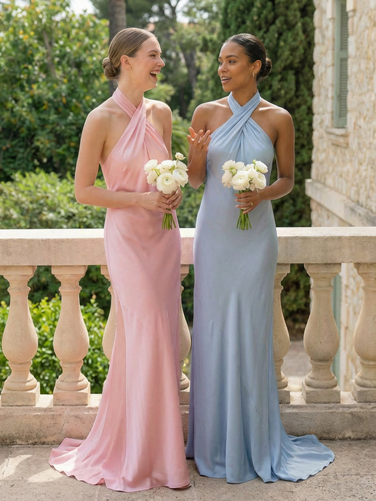 Satin Mermaid Halter Long Wedding Guest Dresses with Ruffles