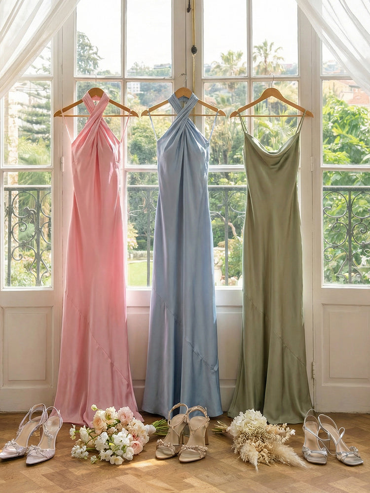 Satin Mermaid Halter Long Wedding Guest Dresses with Ruffles