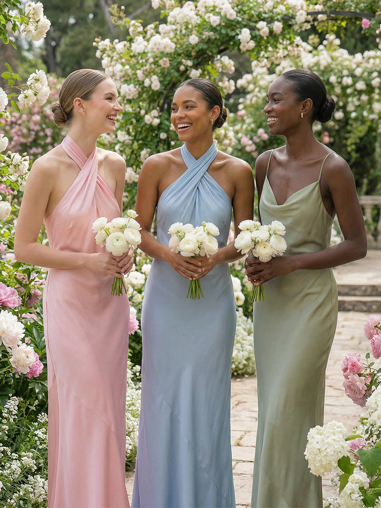 Satin Mermaid Halter Long Wedding Guest Dresses with Ruffles