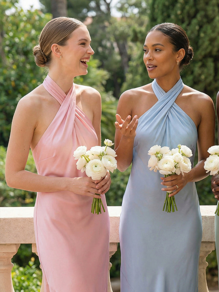 Satin Mermaid Halter Long Wedding Guest Dresses with Ruffles