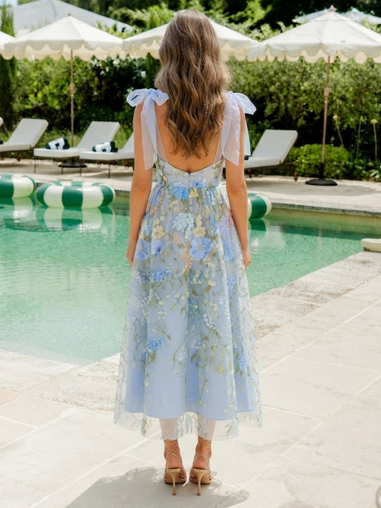 Embroidery A-Line Spaghetti Straps Long Wedding Guest Dresses with Bow