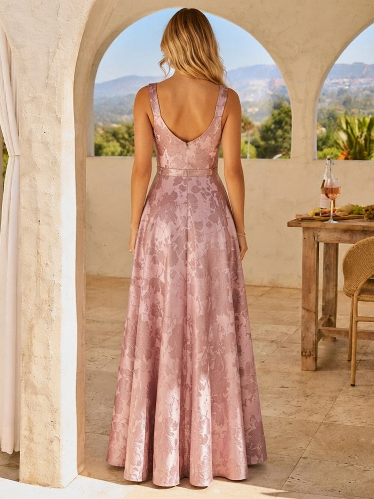 Jacquard A-Line Spaghetti Straps Long Wedding Guest Dresses with Pleated
