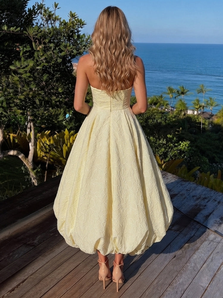 Satin A-Line Strapless Midi Wedding Guest Dresses with Pleated