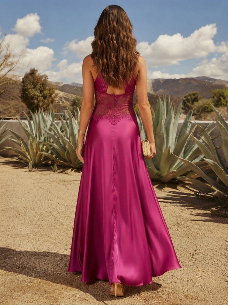 Satin A-Line Halter Long Wedding Guest Dresses with Lace Applique