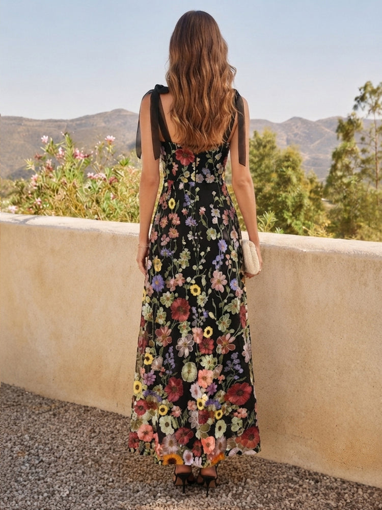 Embroidery A-Line Square Neck Long Wedding Guest Dresses with Bow
