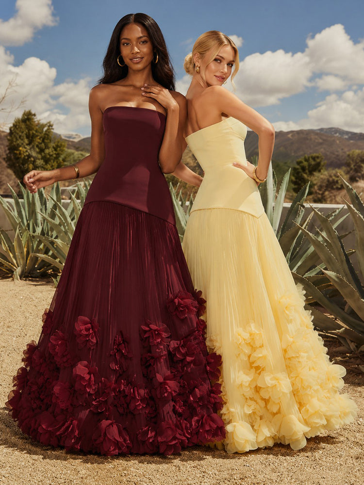Satin A-Line Strapless Long Wedding Guest Dresses with Ruffles