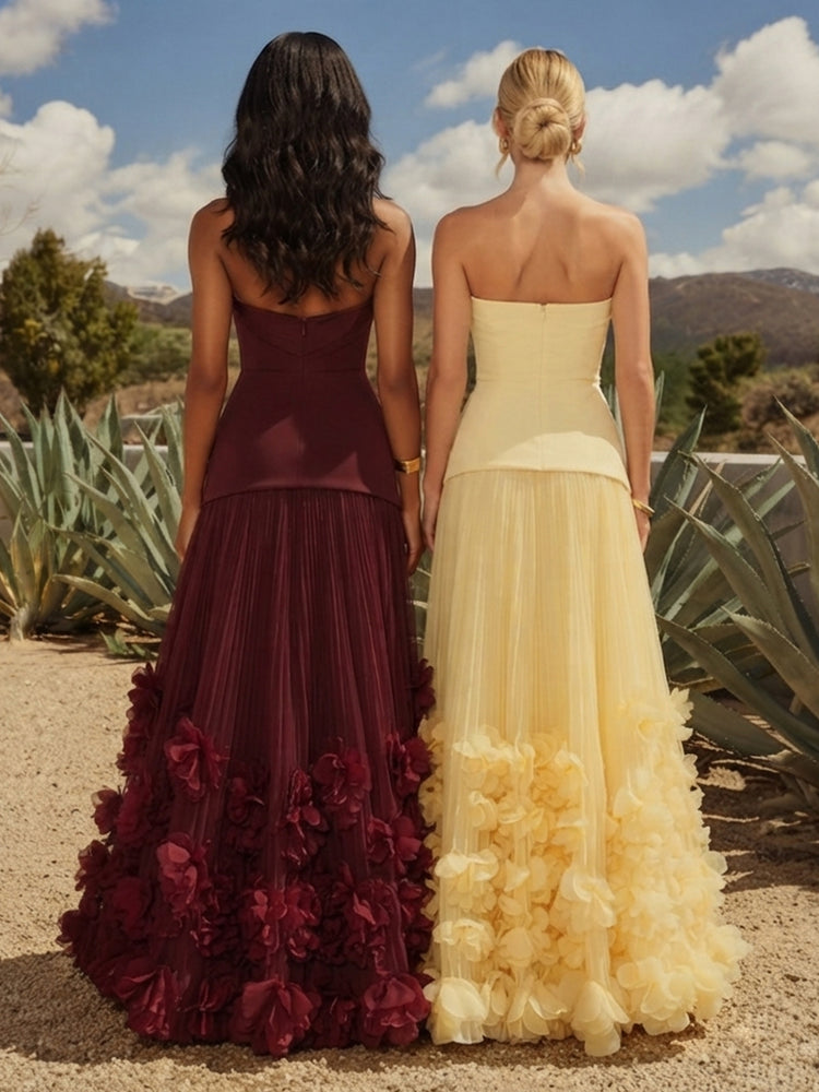 Satin A-Line Strapless Long Wedding Guest Dresses with Ruffles